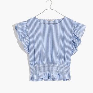 Madewell Flutter-Sleeve Smocked Top in Stripe